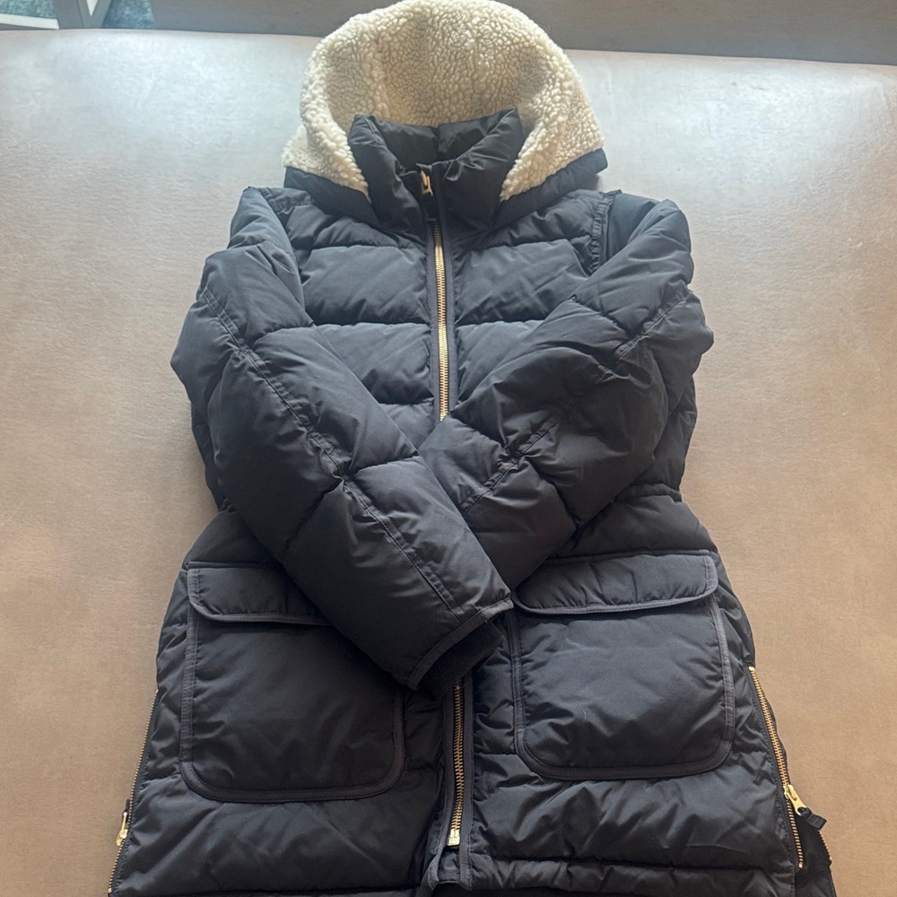 J. Crew Black Puffer Jacket with Cream Sherpa Hood